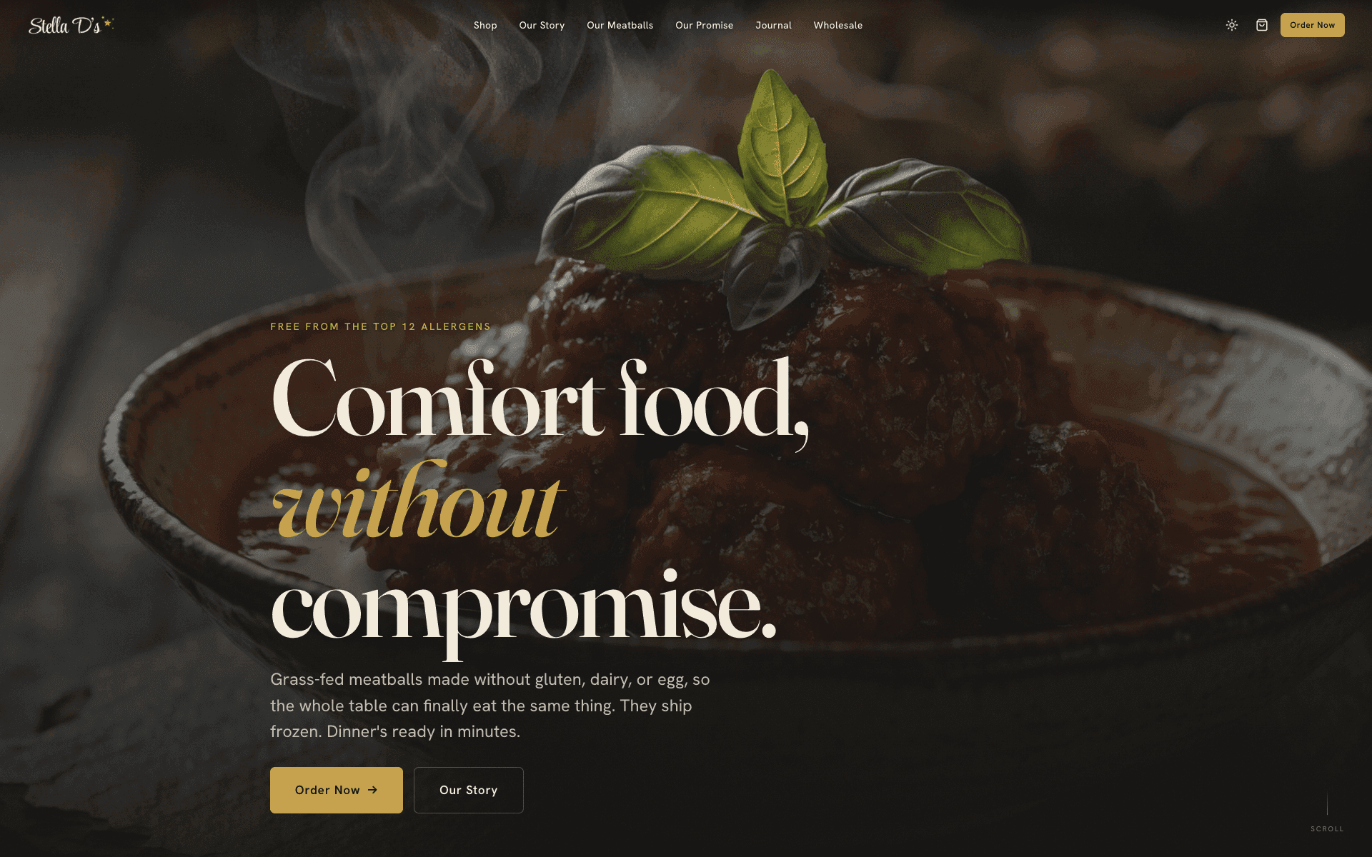 Stella D's website at stelladsfood.com, hero reading Comfort food, without compromise over a bowl of meatballs
