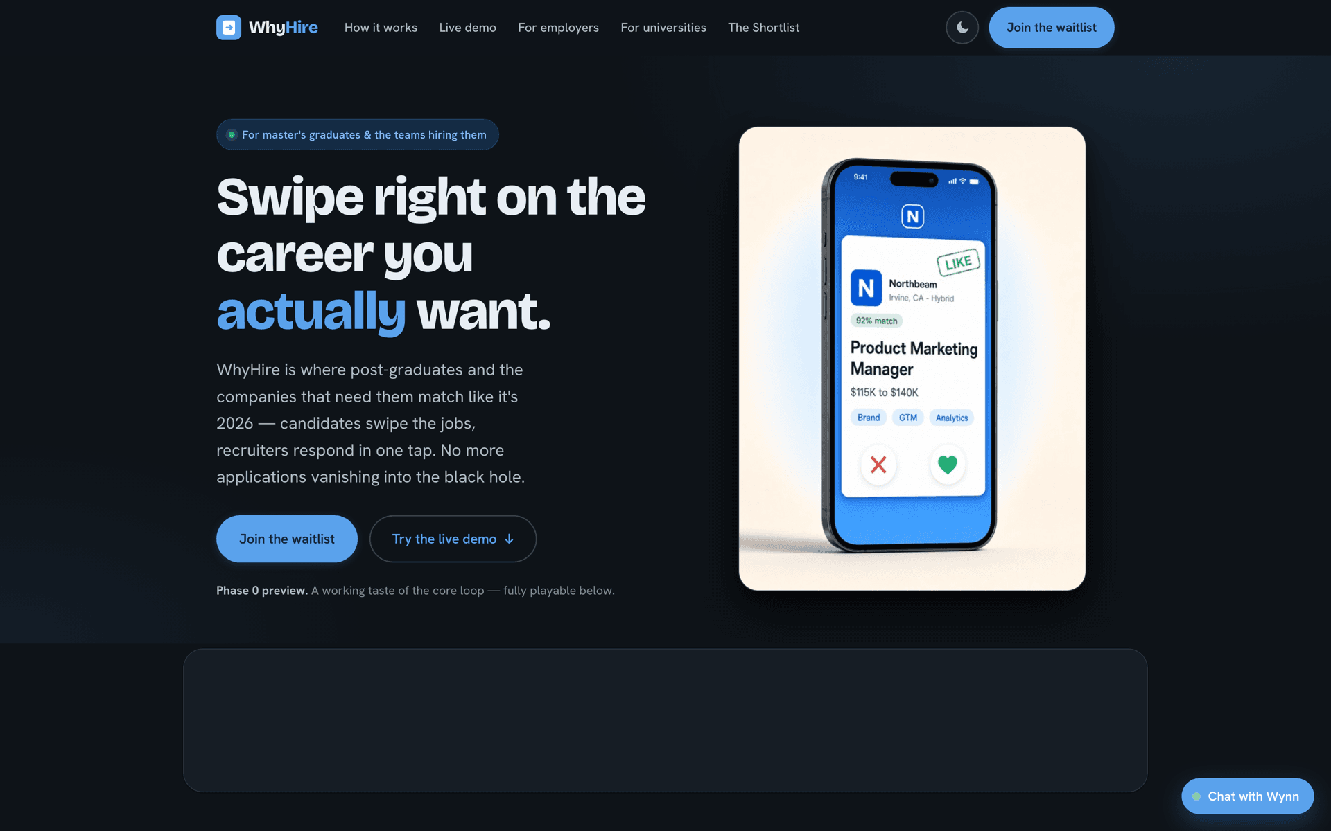 WhyHire site hero reading Swipe right on the career you actually want, with a phone showing a job-match card