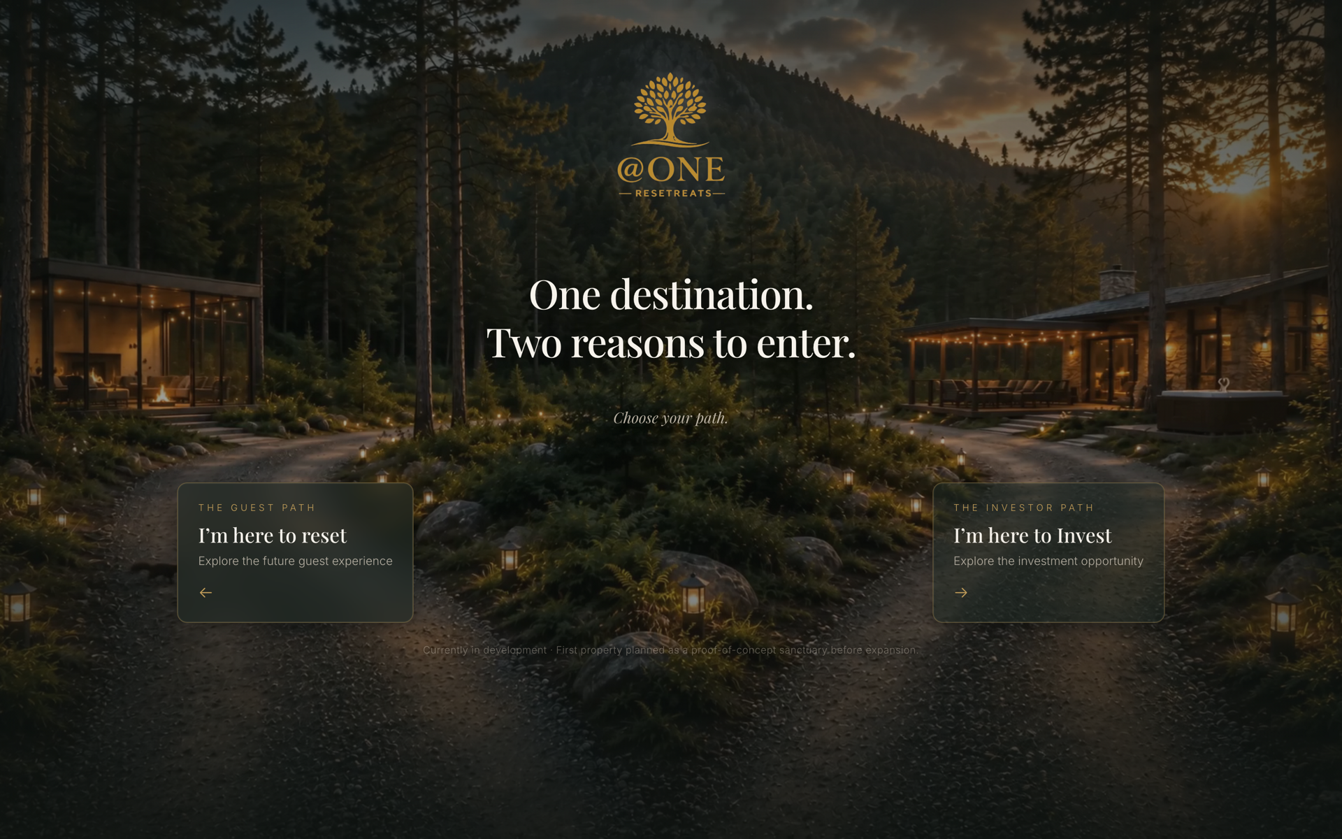 The @One Resetreats gateway: a lantern-lit forest path splitting toward guest and investor experiences beneath the gold @One mark, with the line One destination. Two reasons to enter.