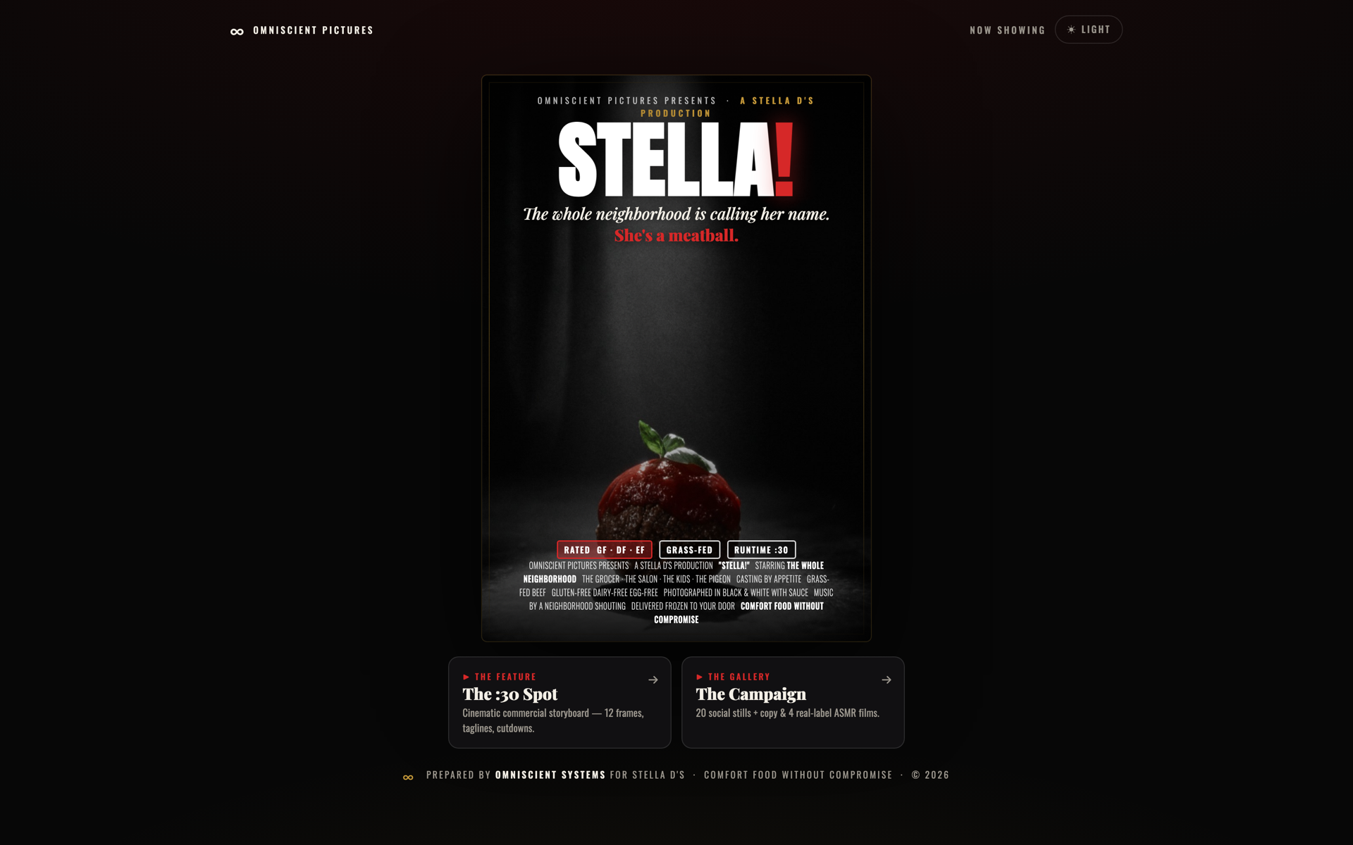 STELLA! campaign site showing a cinematic movie poster for a meatball with the line She's a meatball
